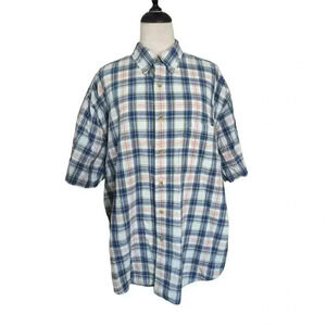 Eddie Bauer Blue Peach and Green Short Sleeve Plaid Button Up Shirt Size XL